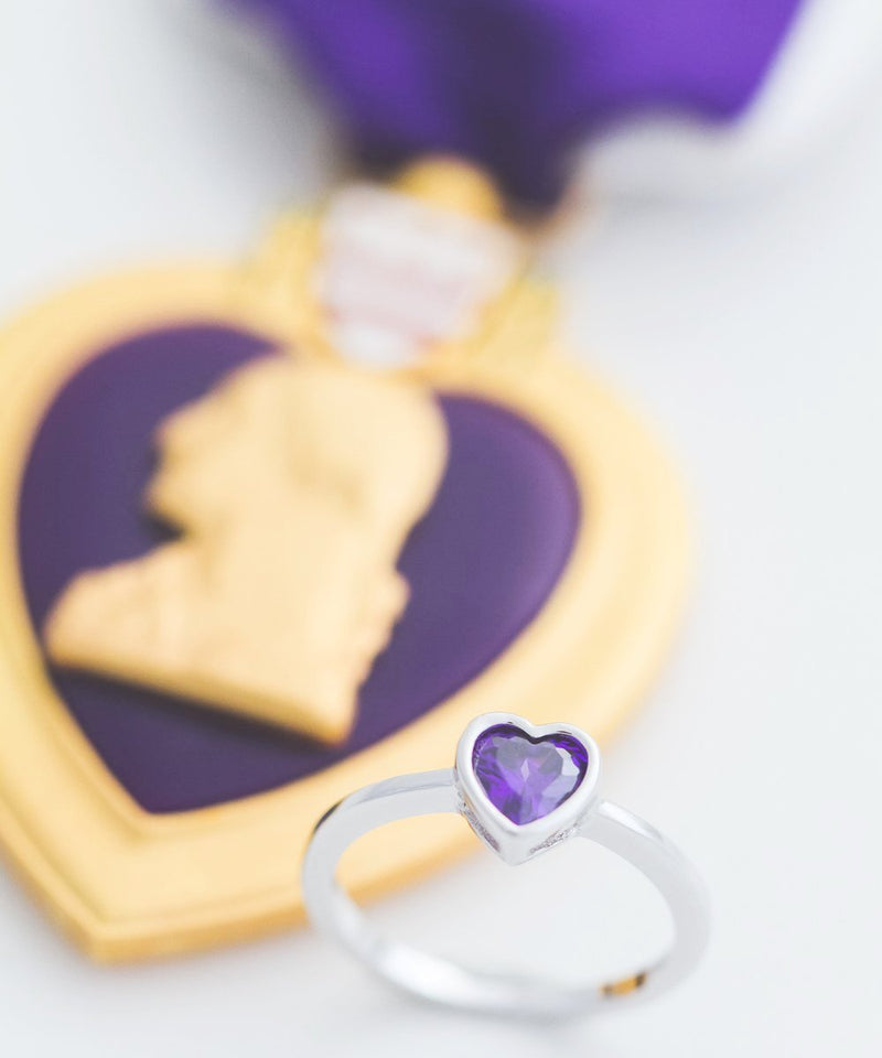 Purple Heart Sterling Silver CZ Ring Military Award Gift For Daughter, Wife, Mother