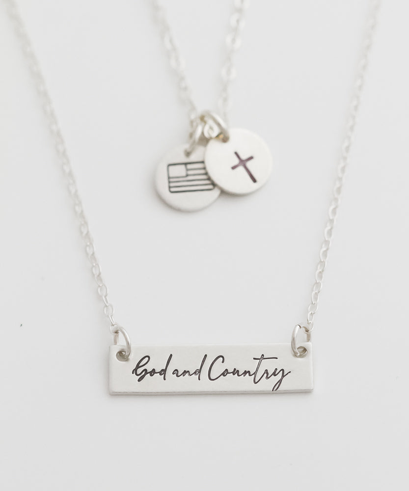 God and Country Petite Bar + Simple Cross and Flag Tiny Coin Necklace Set