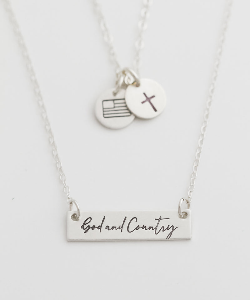 God and Country Petite Bar + Simple Cross and Flag Tiny Coin Necklace Set