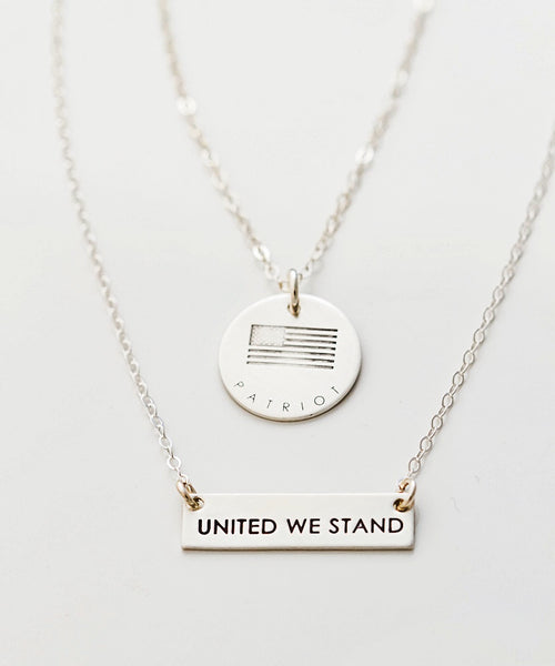 Patriot Flag Coin + United We Stand Petite Bar Necklace Set