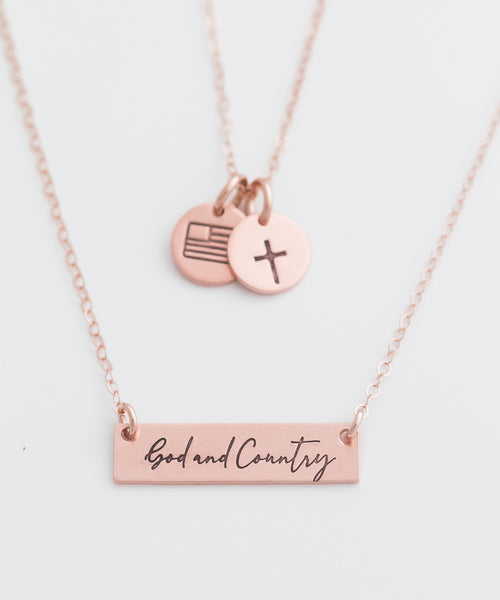 God and Country Petite Bar + Simple Cross and Flag Tiny Coin Necklace Set