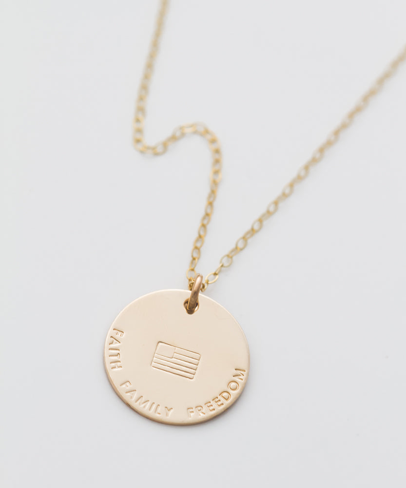 ‘Faith Family Freedom’ + Flag Coin Necklace